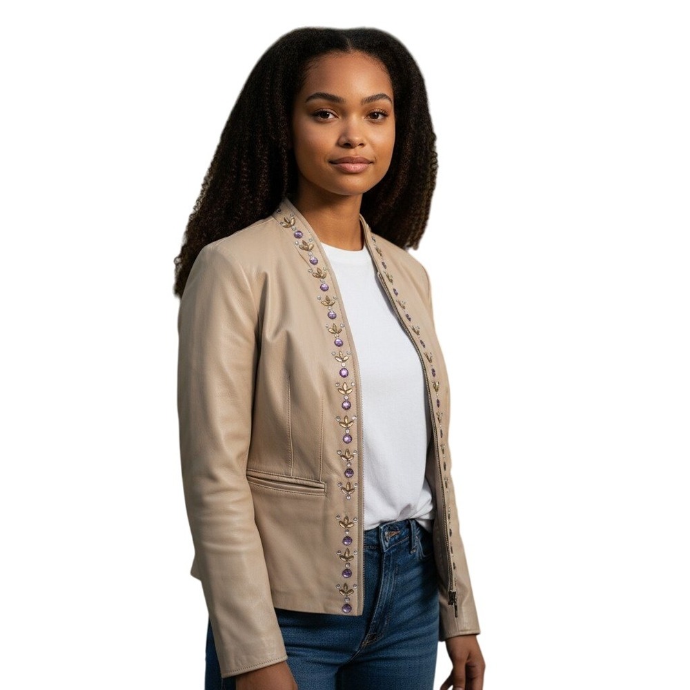 Pamela McCoy Collections Beaded Leather Jacket Tan Mandarin Collar Zip Front XS